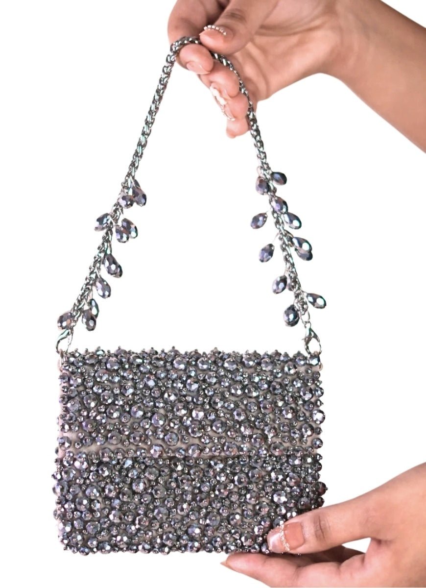 Grey Suede Crystal Embellished Mini Bag House of Kosha - Fabilicious Fashion