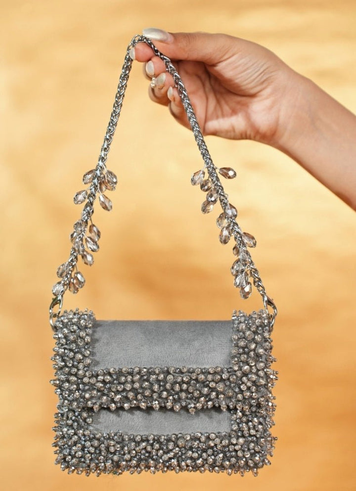 Grey Suede Crystal Embellished Mini Bag House of Kosha - Fabilicious Fashion