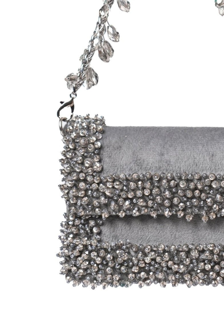 Grey Suede Crystal Embellished Mini Bag House of Kosha - Fabilicious Fashion