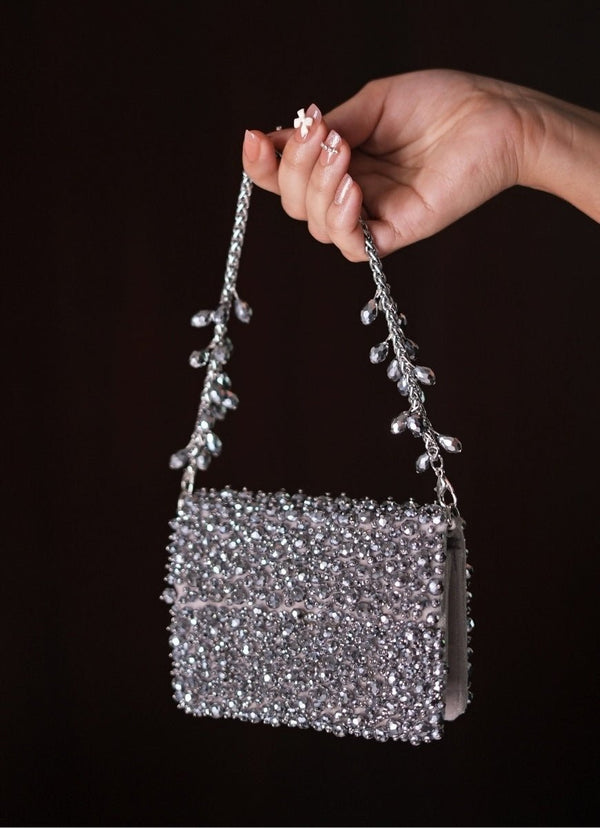 Grey Suede Crystal Embellished Mini Bag