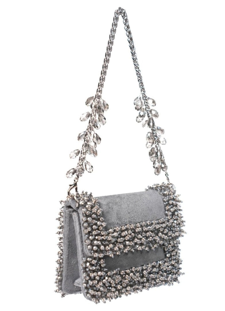 Grey Suede Crystal Embellished Mini Bag House of Kosha - Fabilicious Fashion