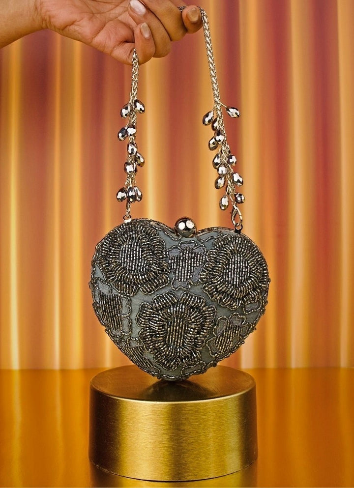 House of Kosha Grey Suede Embellished Heart BagFabilicious Fashion