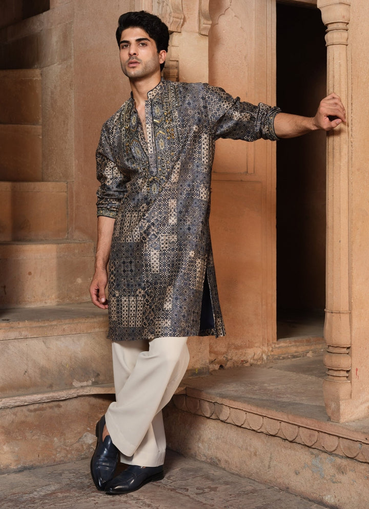 Darzi House Greyish Blue Chanderi Silk Kurta Pants SetFabilicious Fashion
