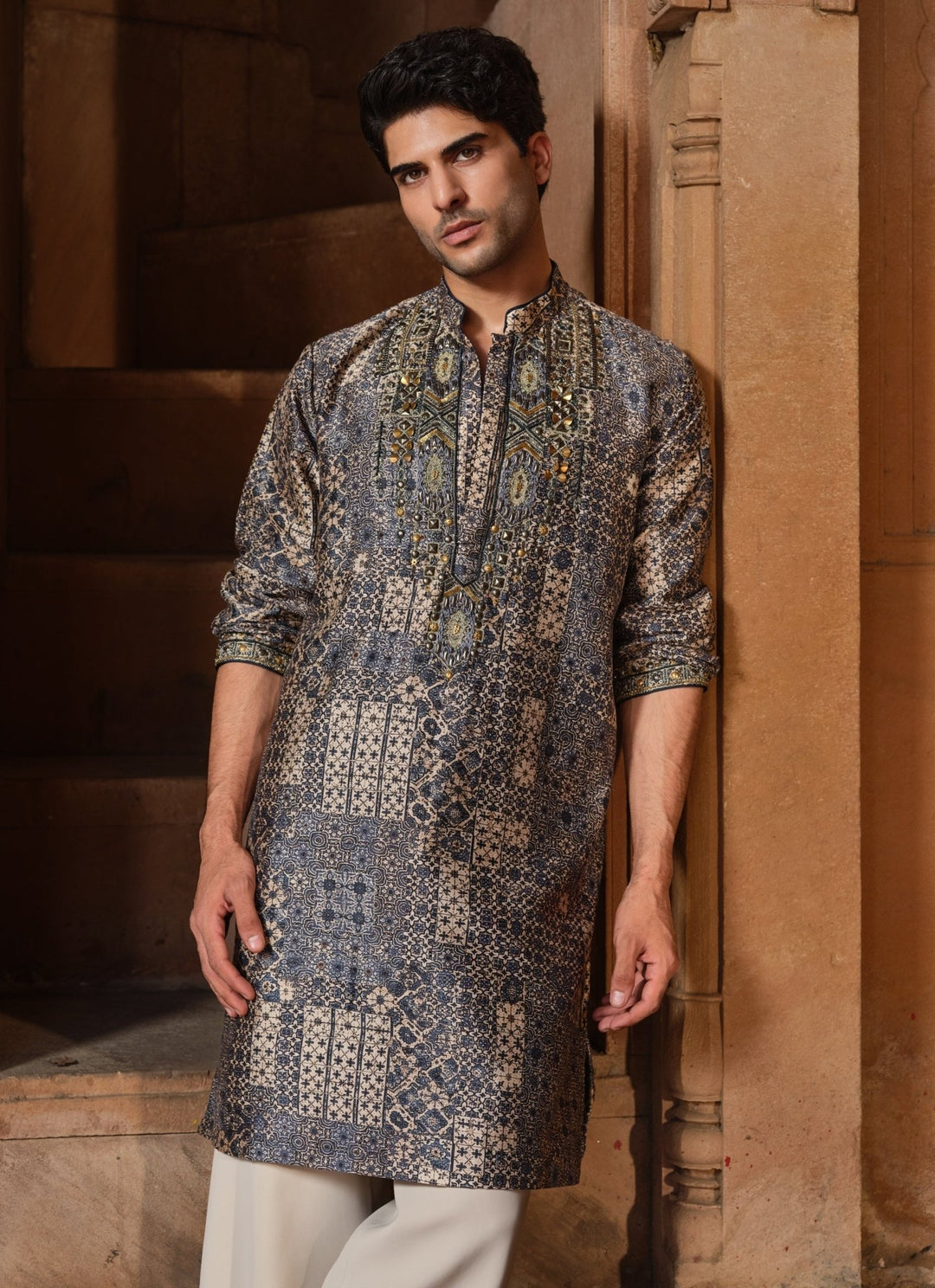 Darzi House Greyish Blue Chanderi Silk Kurta Pants SetFabilicious Fashion