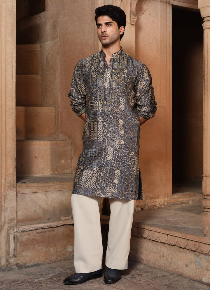 Darzi House Greyish Blue Chanderi Silk Kurta Pants SetFabilicious Fashion