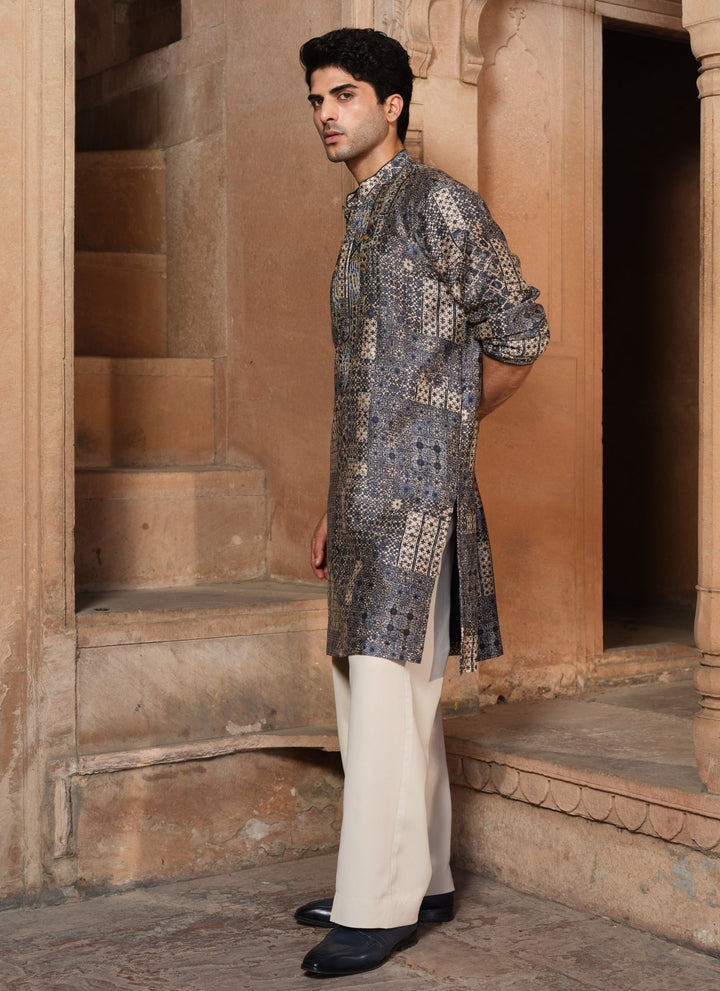 Darzi House Greyish Blue Chanderi Silk Kurta Pants SetFabilicious Fashion
