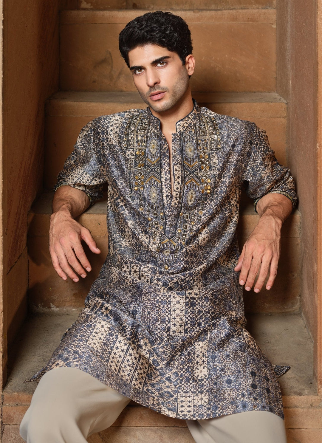 Darzi House Greyish Blue Chanderi Silk Kurta Pants SetFabilicious Fashion