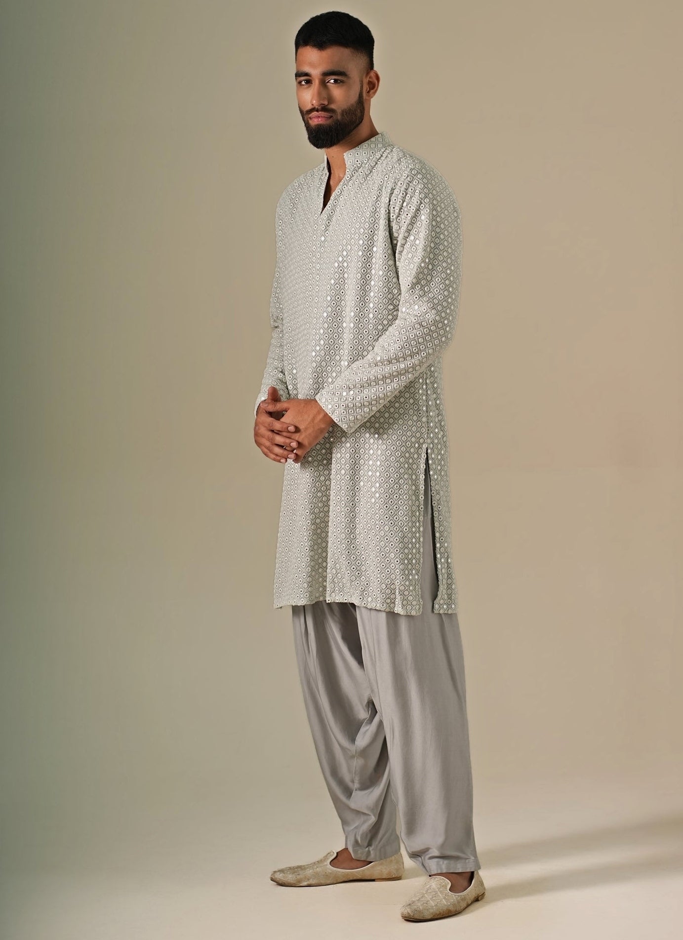 Greyish Blue Georgette Kurta Set by Darzi House — greyish blue mens kurta for festive occasions