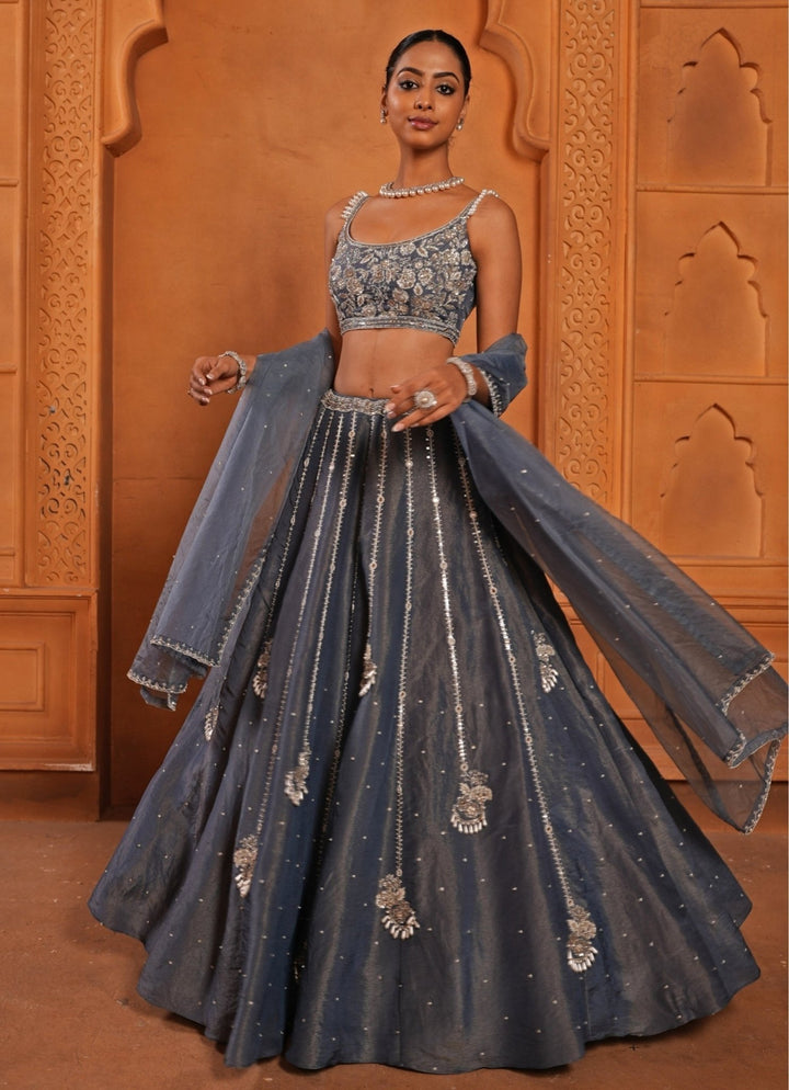 Greyish Blue Zari Silk Lehenga Enamour by Radha - Fabilicious Fashion