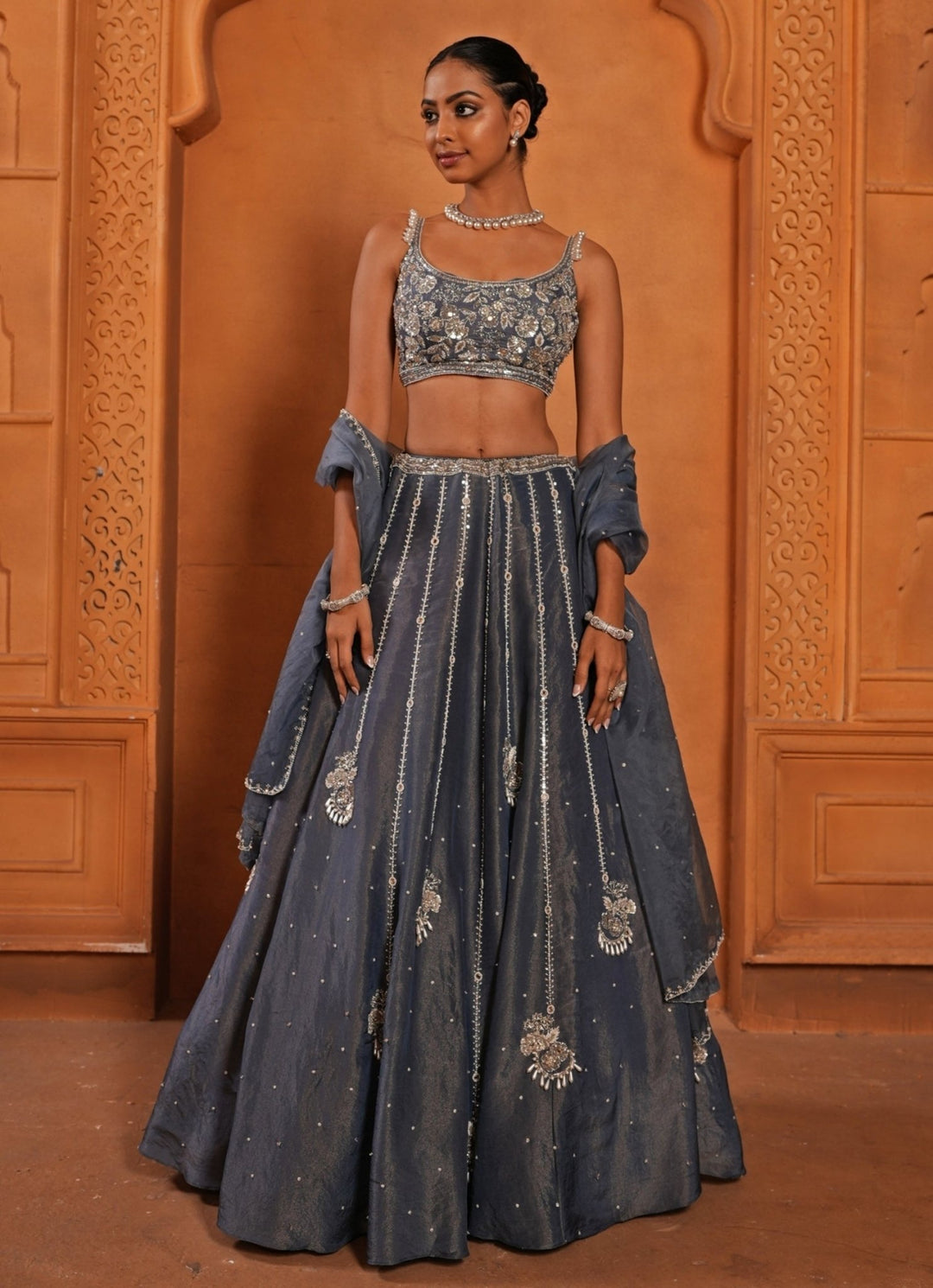 Greyish Blue Zari Silk Lehenga Enamour by Radha - Fabilicious Fashion