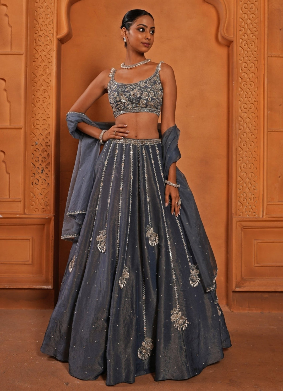 Greyish Blue Zari Silk Lehenga Enamour by Radha - Fabilicious Fashion