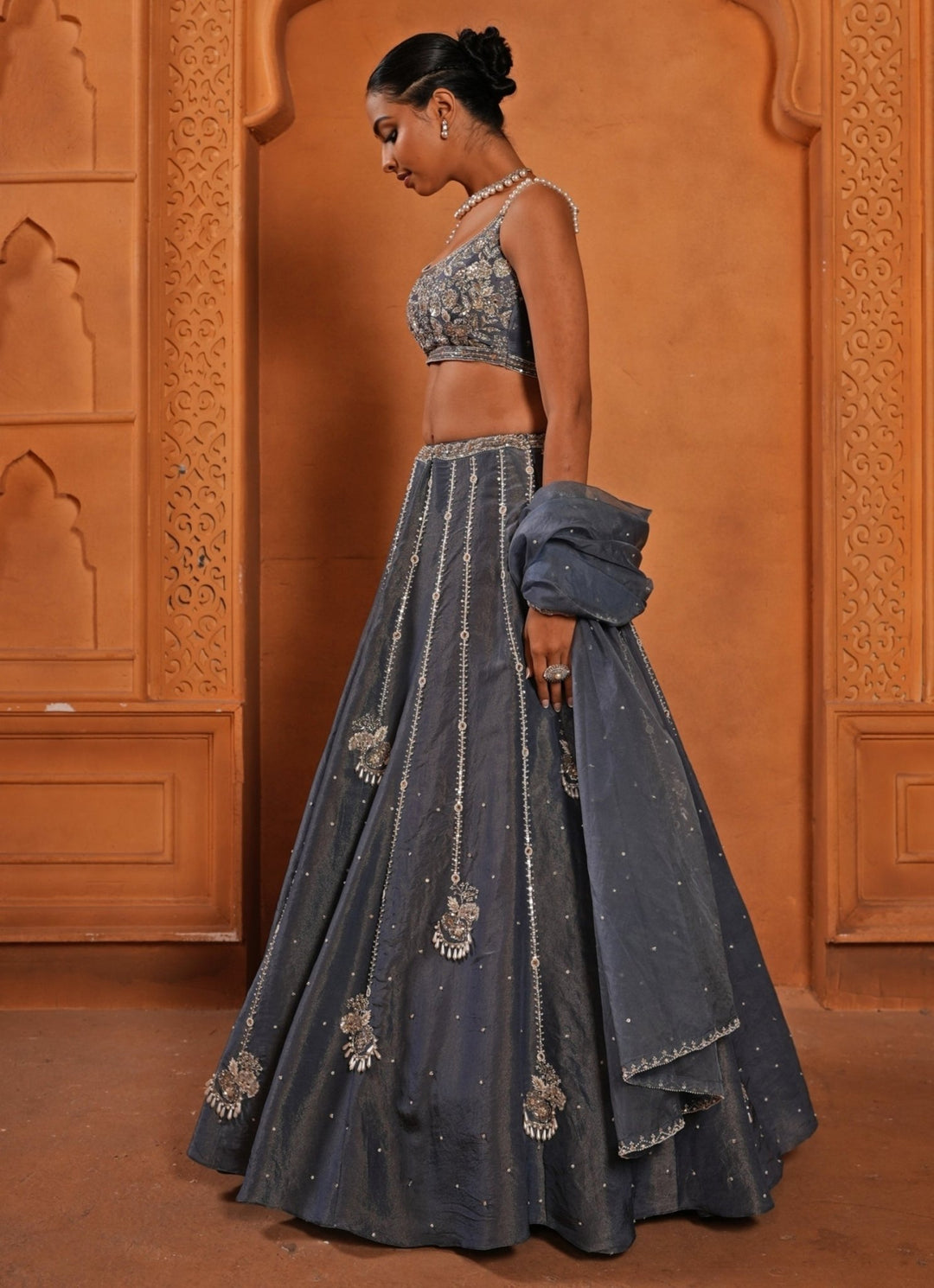 Greyish Blue Zari Silk Lehenga Enamour by Radha - Fabilicious Fashion