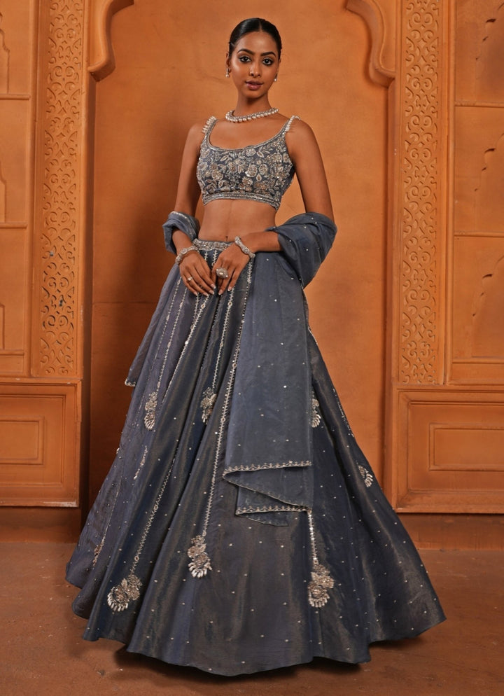 Greyish Blue Zari Silk Lehenga Enamour by Radha - Fabilicious Fashion