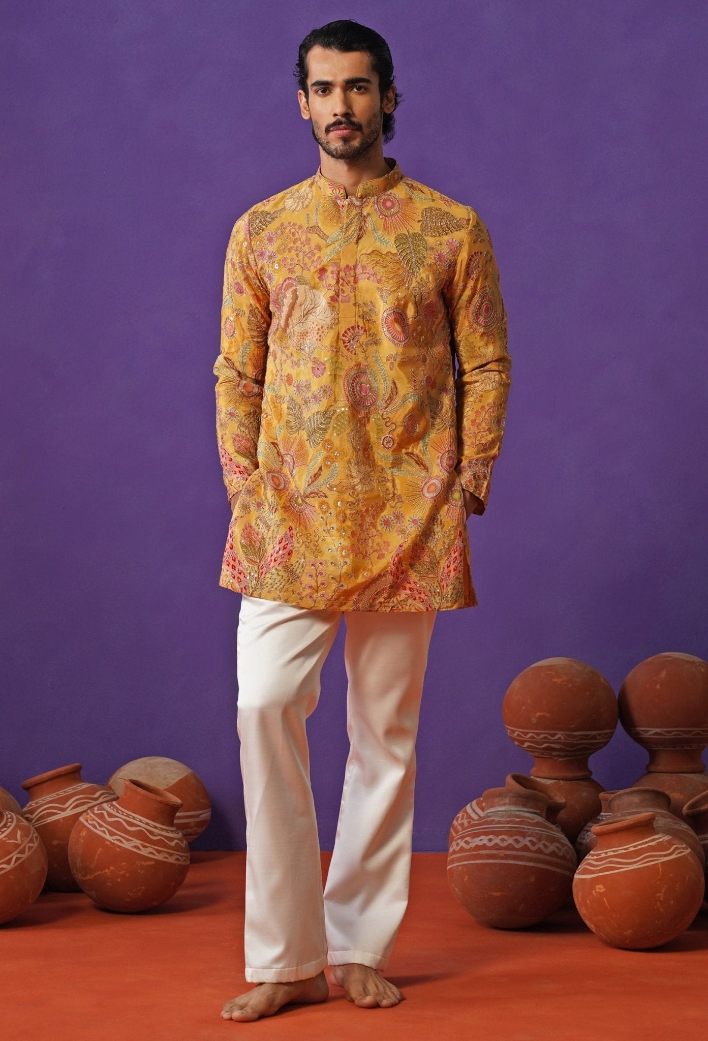 Haldi yellow silk short kurta set by Kalpraag — festive kurta for rakhi