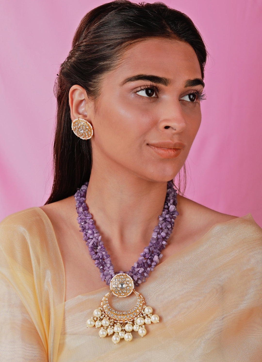 Handcrafted Amethyst Beads Jadau Necklace Set Riana by Shikha Jindal - Fabilicious Fashion