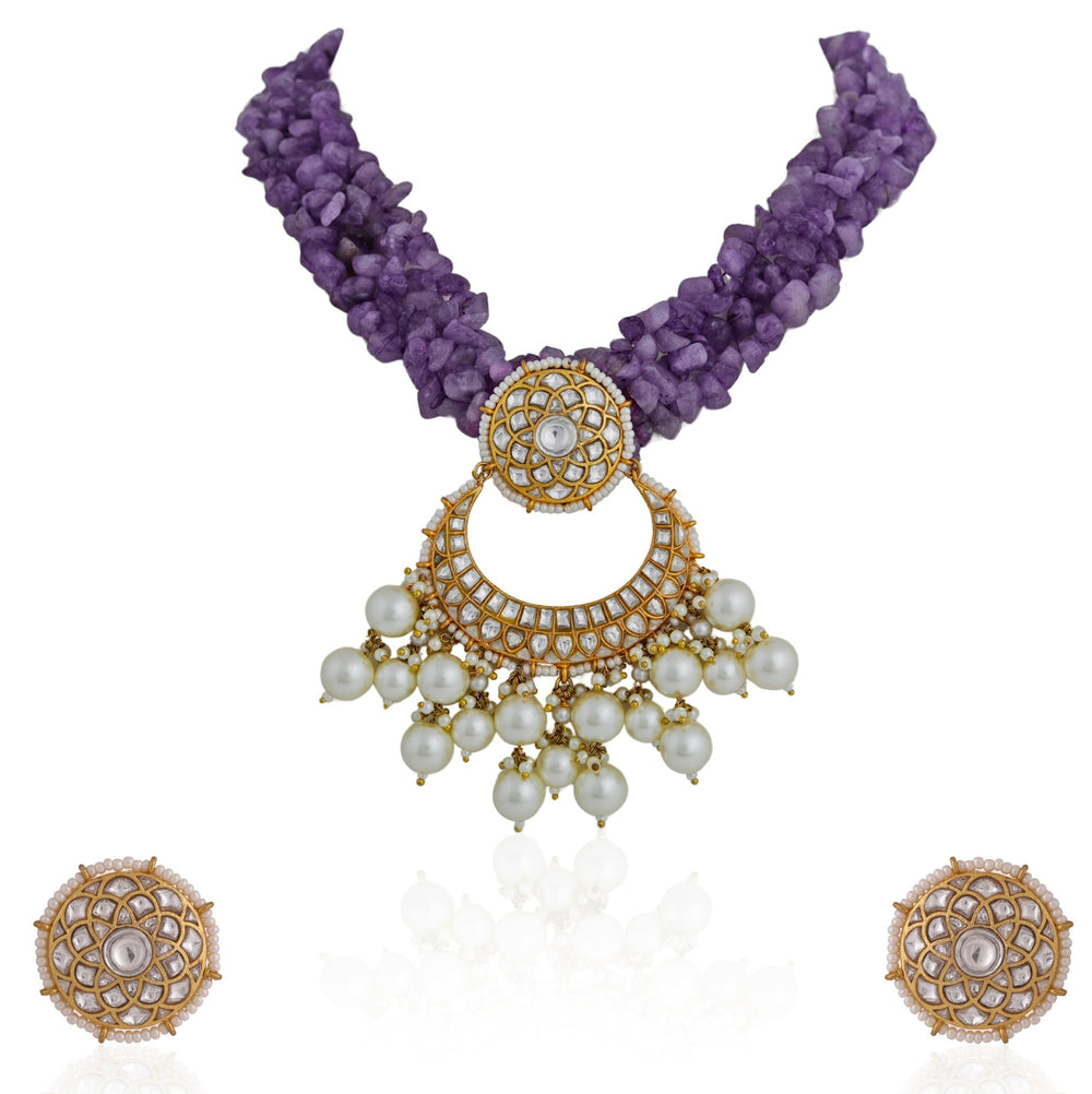 Handcrafted Amethyst Beads Jadau Necklace Set Riana by Shikha Jindal - Fabilicious Fashion