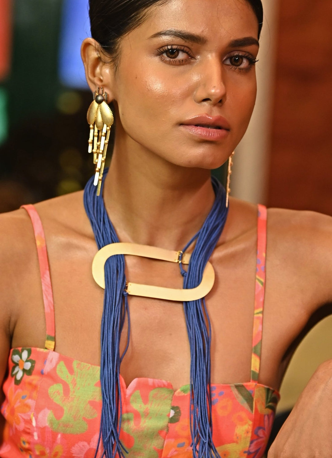 Handcrafted Blue Thread Necklace with Gold Plated Pendant Zaza By Somya - Fabilicious Fashion