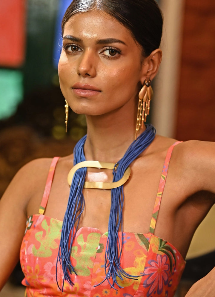 Handcrafted Blue Thread Necklace with Gold Plated Pendant Zaza By Somya - Fabilicious Fashion