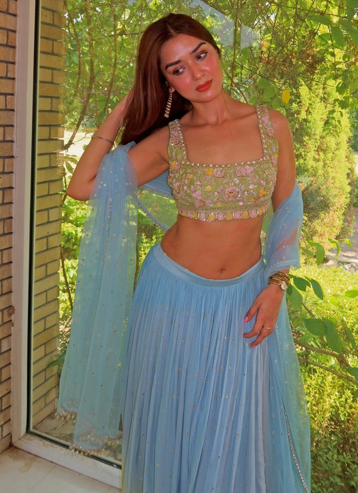 Chamee and Palak Hazel Blue And Green Ombre Embroidered LehengaFabilicious Fashion