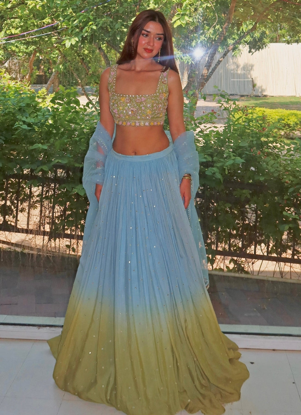 Chamee and Palak Hazel Blue And Green Ombre Embroidered LehengaFabilicious Fashion
