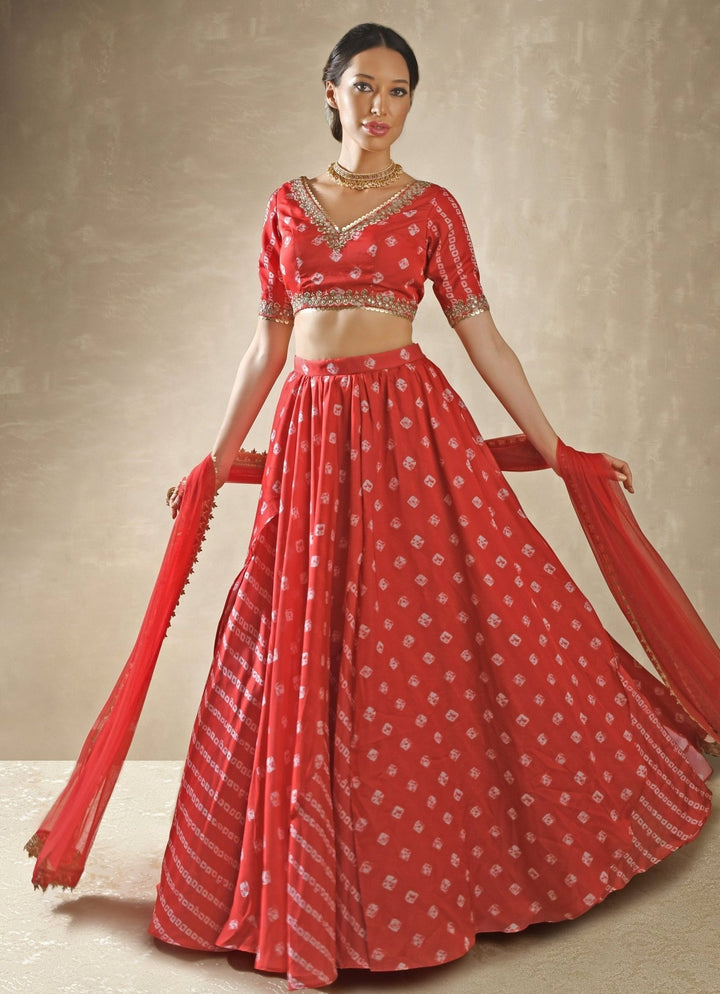 Hibiscus Red Satin Bandhani Lehenga Renee Label - Fabilicious Fashion