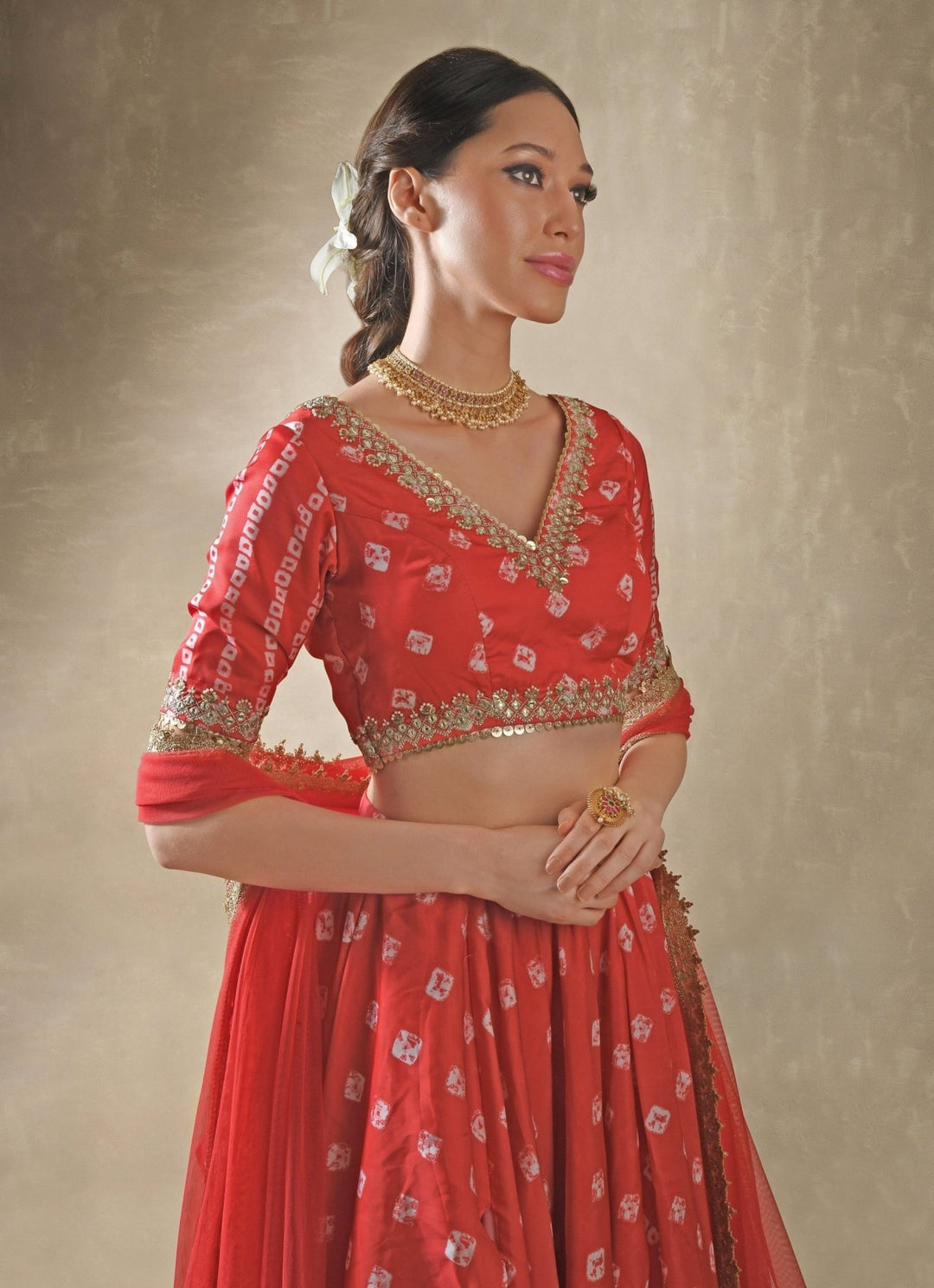 Hibiscus Red Satin Bandhani Lehenga Renee Label - Fabilicious Fashion