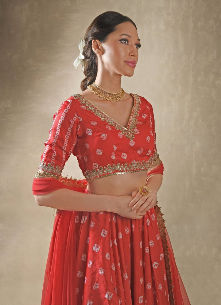 Hibiscus Red Satin Bandhani Lehenga Renee Label - Fabilicious Fashion