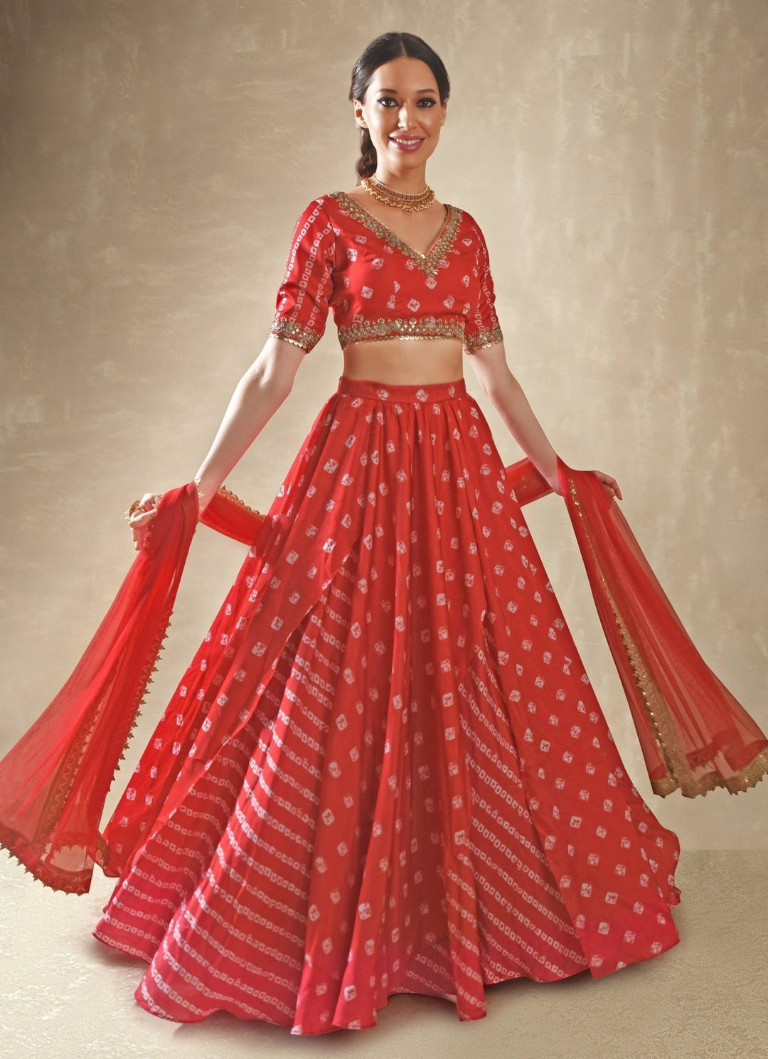 Hibiscus Red Satin Bandhani Lehenga Renee Label - Fabilicious Fashion