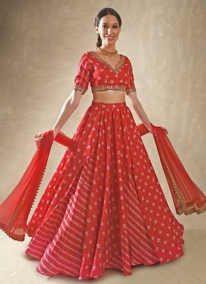 Hibiscus Red Satin Bandhani Lehenga