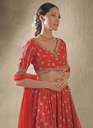 Hibiscus Red Satin Bandhani Lehenga