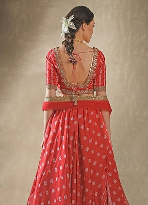 Hibiscus Red Satin Bandhani Lehenga