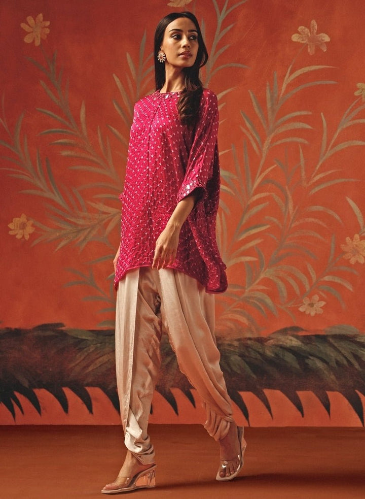 Twenty Nine Hot Pink And Blush Bandhani Tunic Top With DhotiFabilicious Fashion