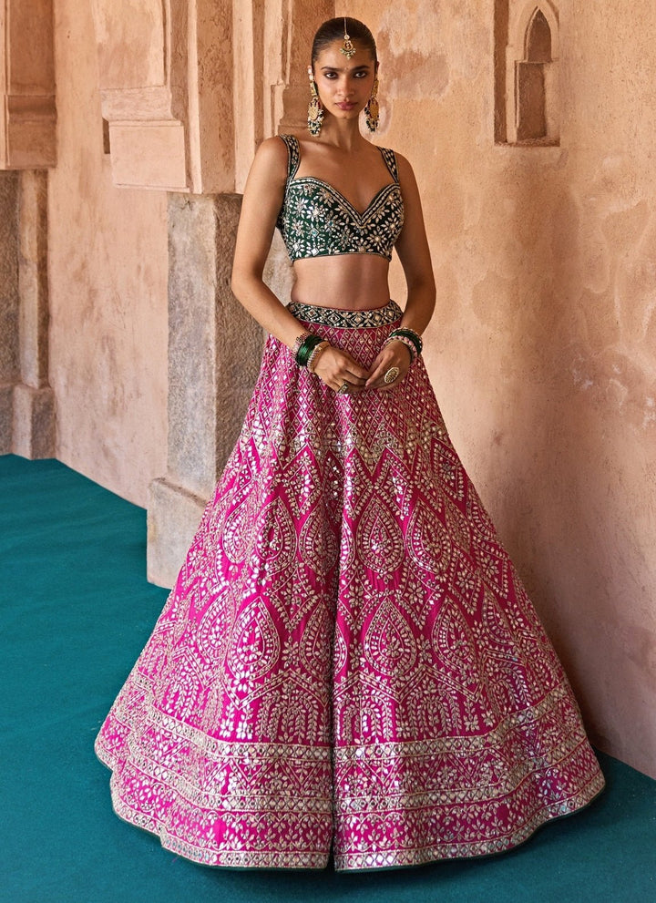 Angad Singh Hot Pink And Green Raw Silk Lehenga SetFabilicious Fashion