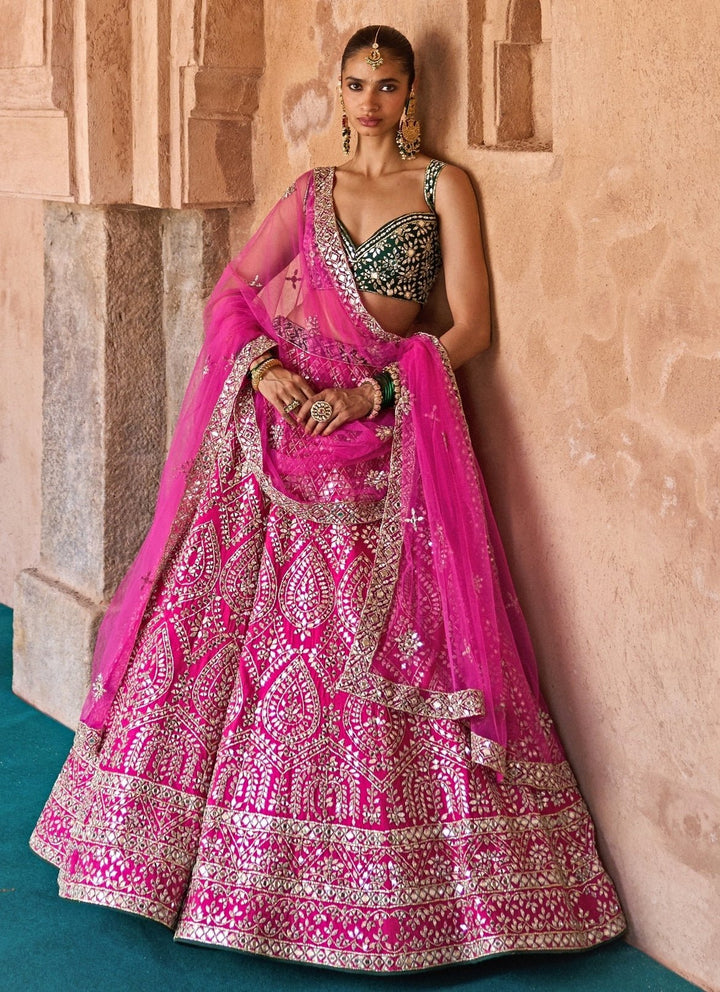 Angad Singh Hot Pink And Green Raw Silk Lehenga SetFabilicious Fashion
