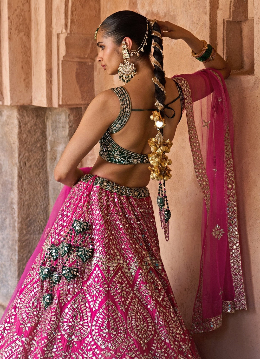 Angad Singh Hot Pink And Green Raw Silk Lehenga SetFabilicious Fashion