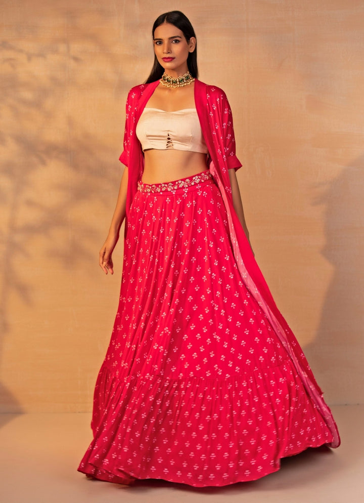 Esha Koul Hot Pink And Ivory Printed Satin Lehenga Set With CapeFabilicious Fashion