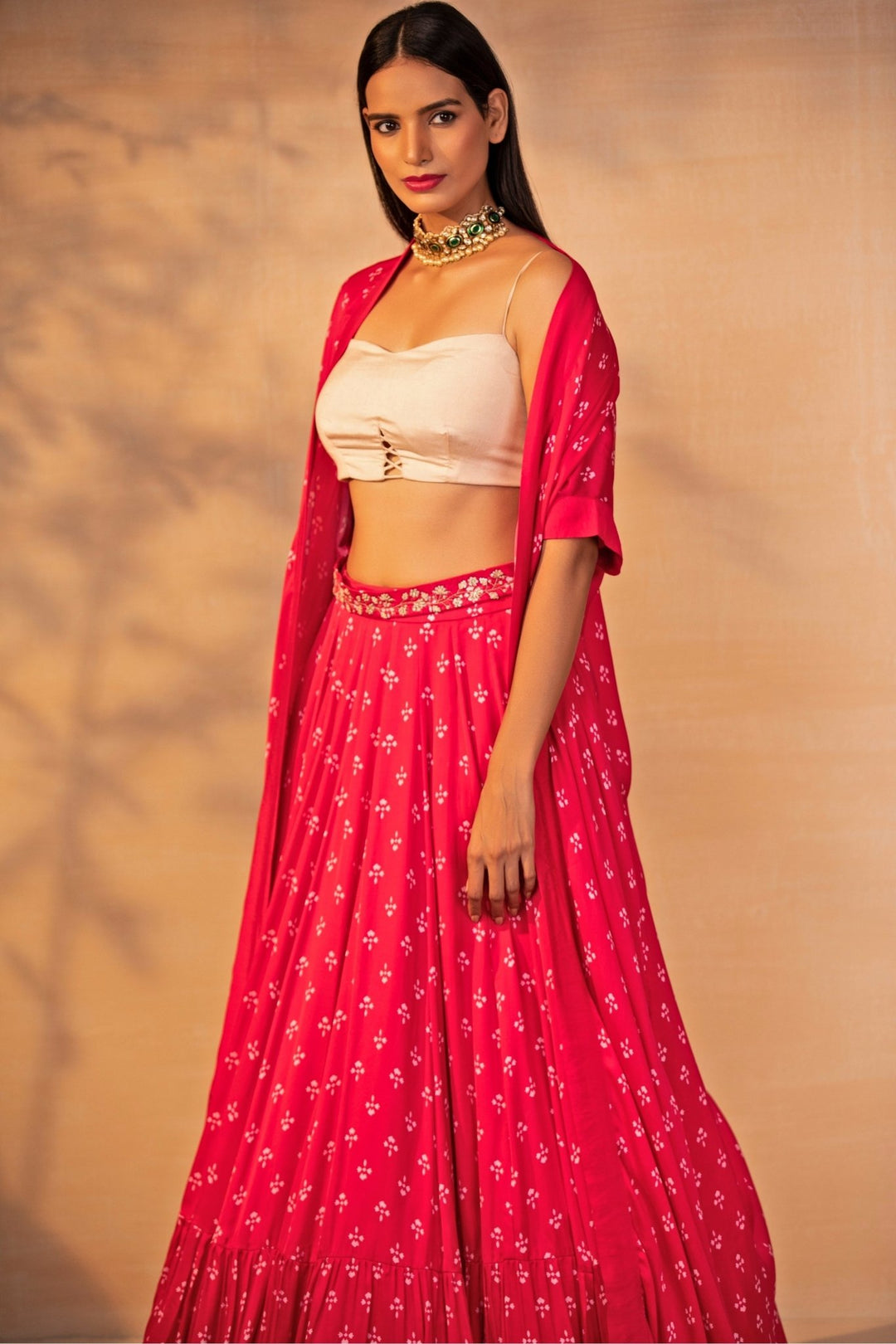 Esha Koul Hot Pink And Ivory Printed Satin Lehenga Set With CapeFabilicious Fashion
