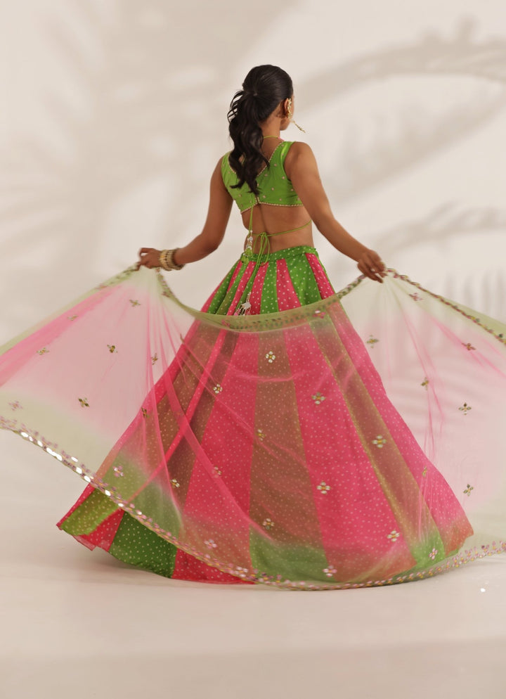 Hot Pink And Lime Mirrorwork Bandhani Silk Lehenga Set Manisha Soni - Fabilicious Fashion