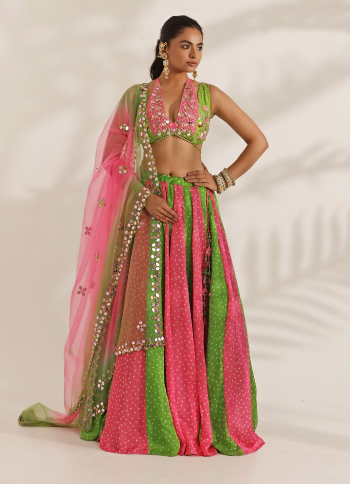 Hot Pink And Lime Mirrorwork Bandhani Silk Lehenga Set Manisha Soni - Fabilicious Fashion