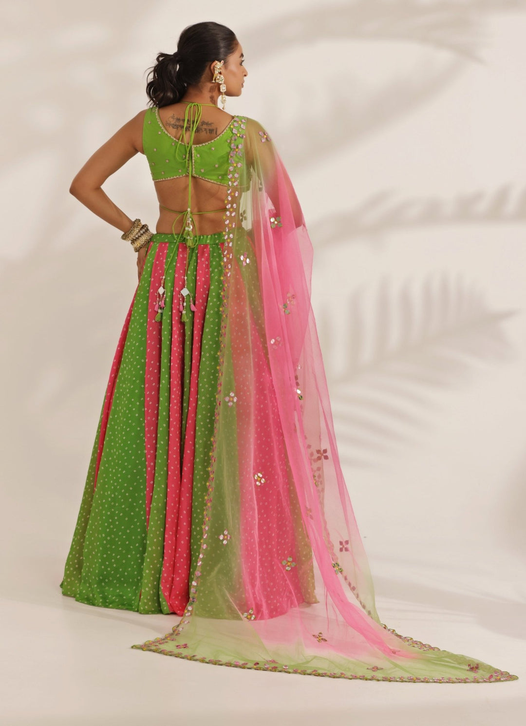 Hot Pink And Lime Mirrorwork Bandhani Silk Lehenga Set Manisha Soni - Fabilicious Fashion