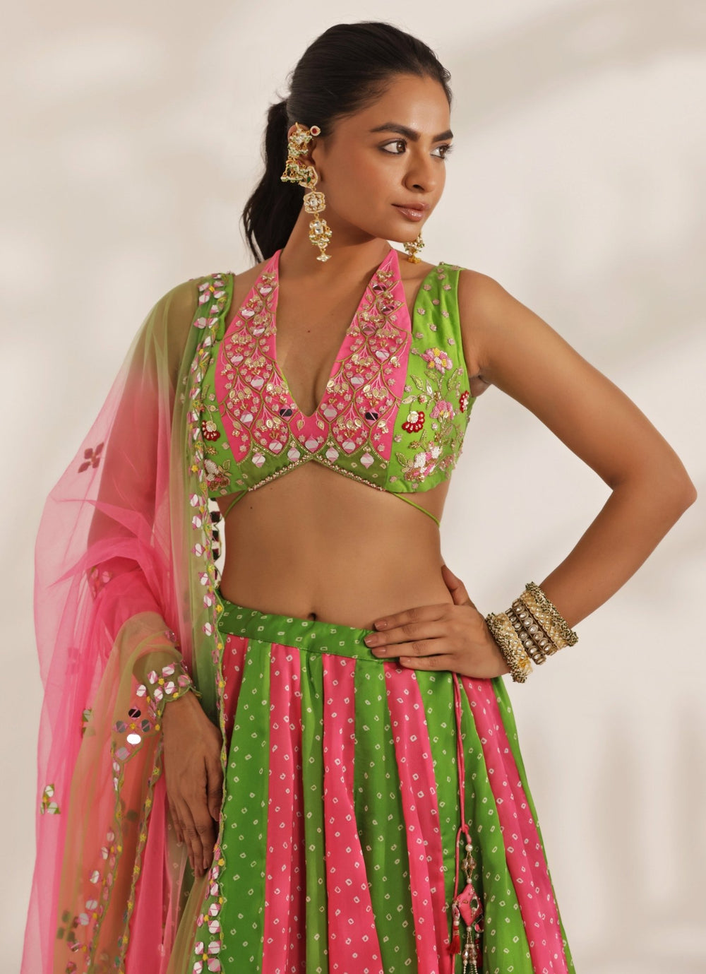 Hot Pink And Lime Mirrorwork Bandhani Silk Lehenga Set Manisha Soni - Fabilicious Fashion