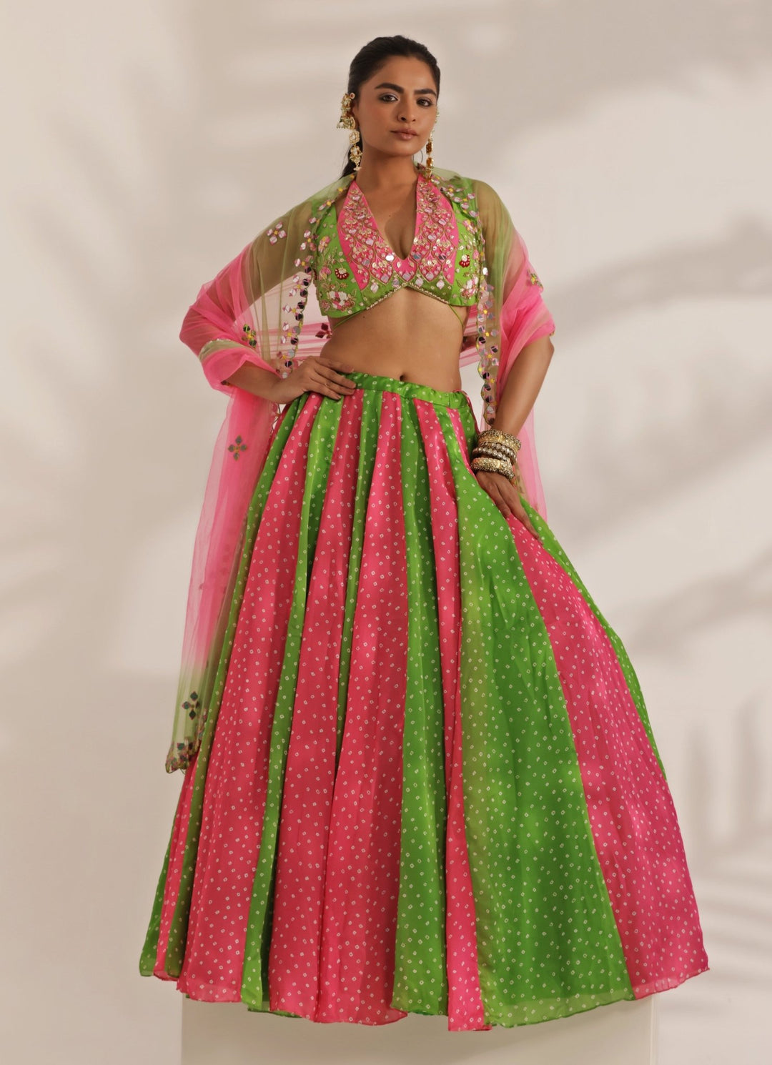 Hot Pink And Lime Mirrorwork Bandhani Silk Lehenga Set Manisha Soni - Fabilicious Fashion