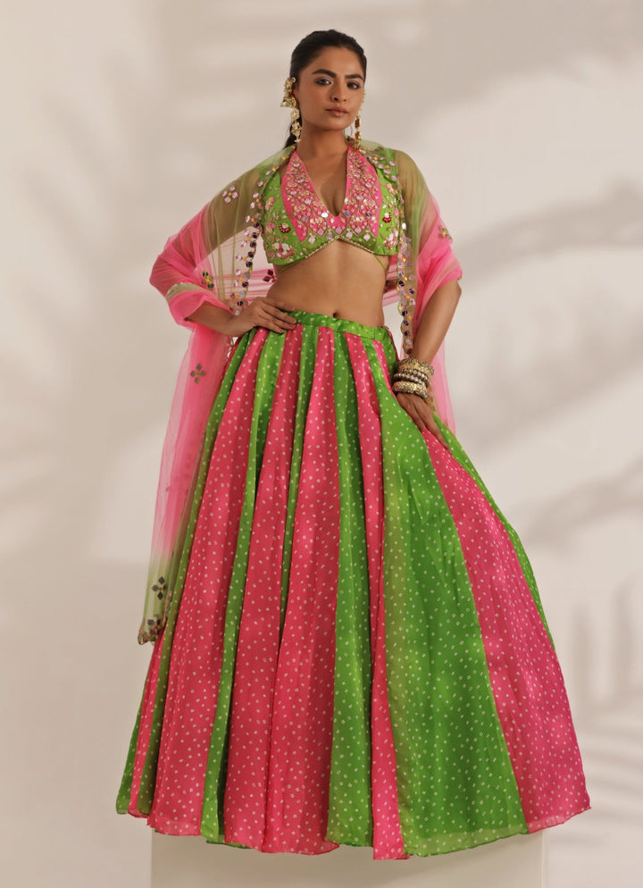 Hot Pink And Lime Mirrorwork Bandhani Silk Lehenga Set Manisha Soni - Fabilicious Fashion