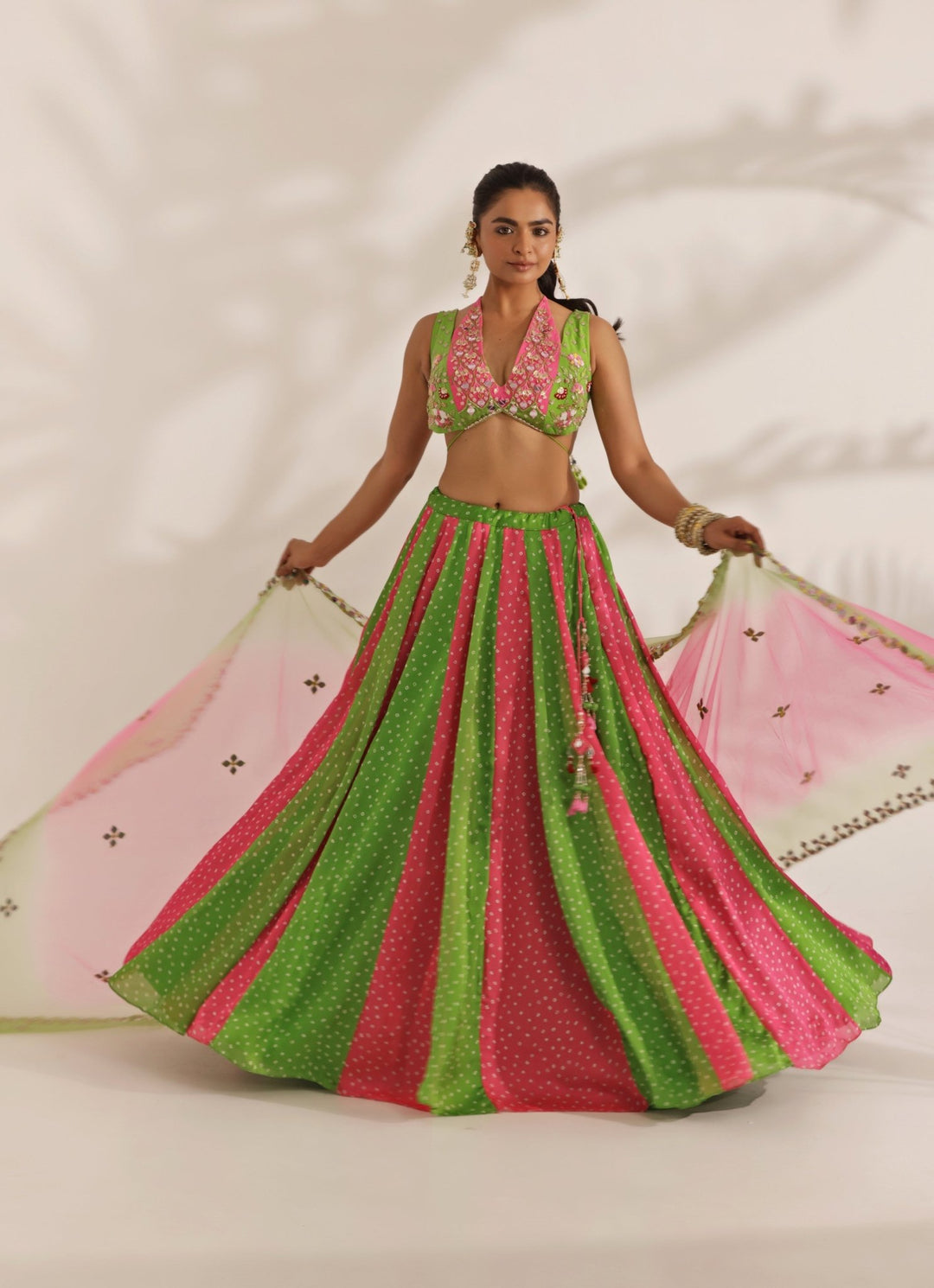 Hot Pink And Lime Mirrorwork Bandhani Silk Lehenga Set Manisha Soni - Fabilicious Fashion