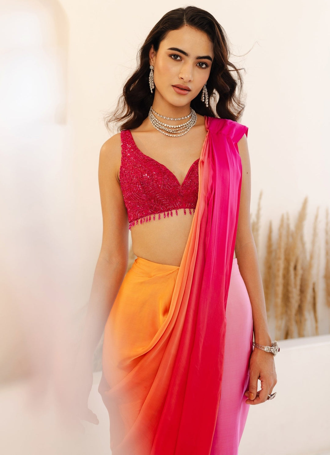 Hot Pink and Orange Ombre Predraped Saree Studio Iris - Fabilicious Fashion