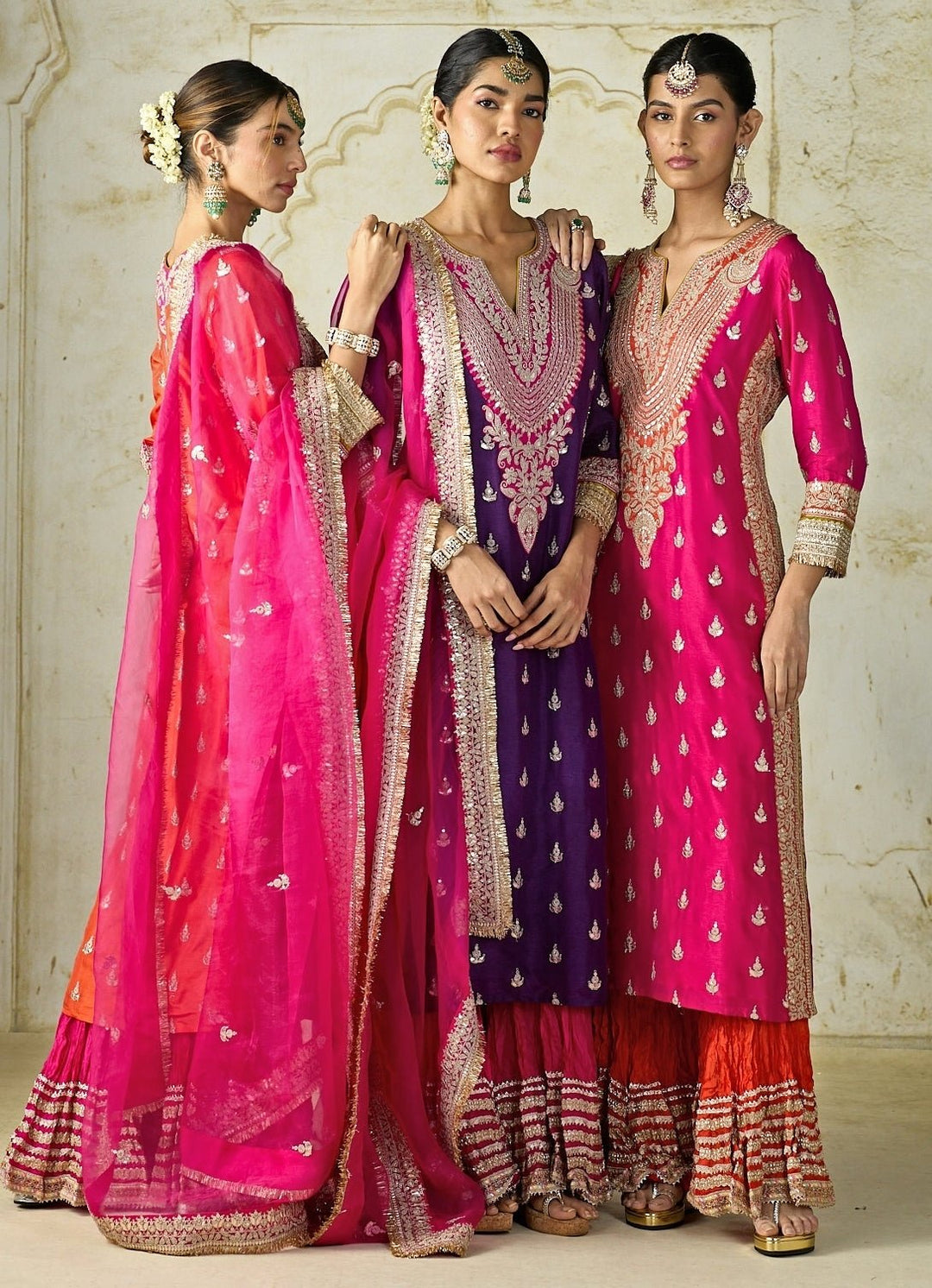 Gopi Vaid Hot Pink And Orange Tussar Kurta Sharara SetFabilicious Fashion