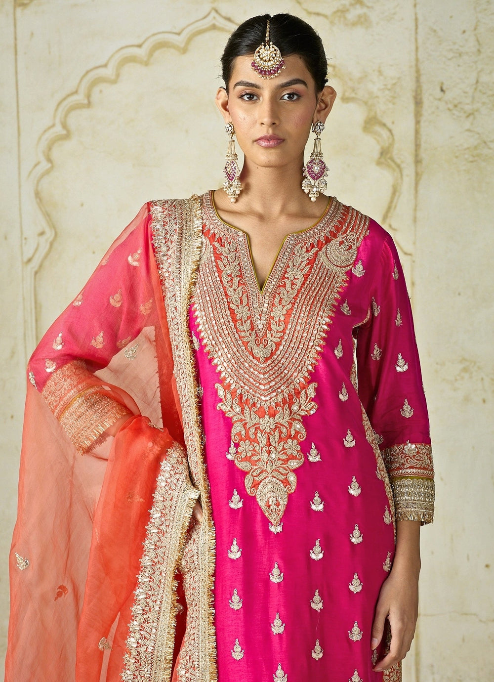 Gopi Vaid Hot Pink And Orange Tussar Kurta Sharara SetFabilicious Fashion