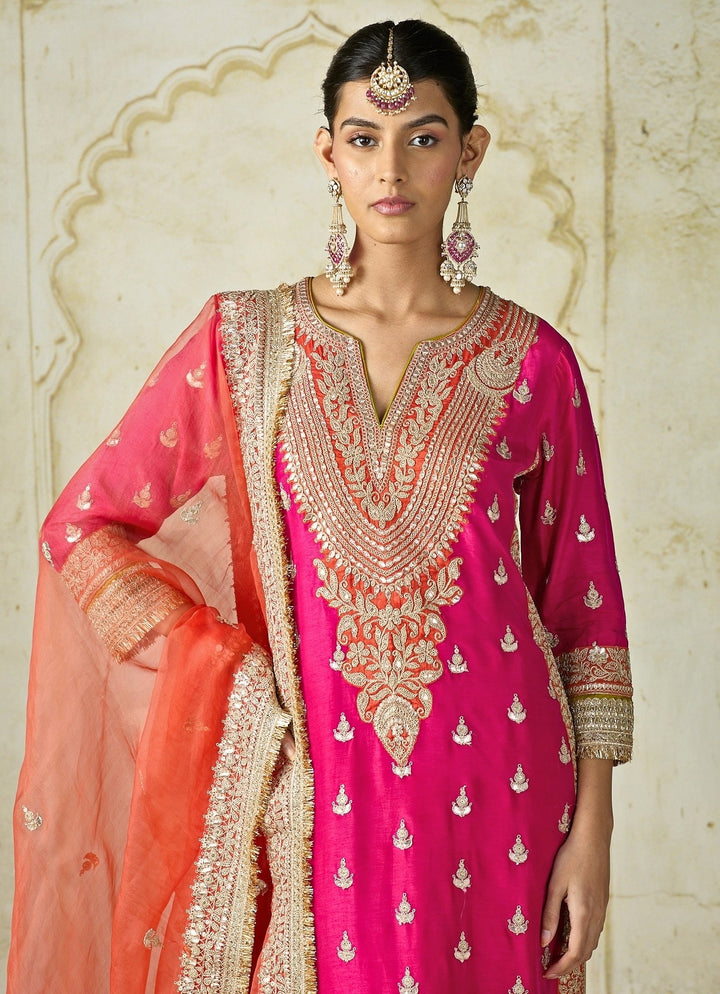 Gopi Vaid Hot Pink And Orange Tussar Kurta Sharara SetFabilicious Fashion