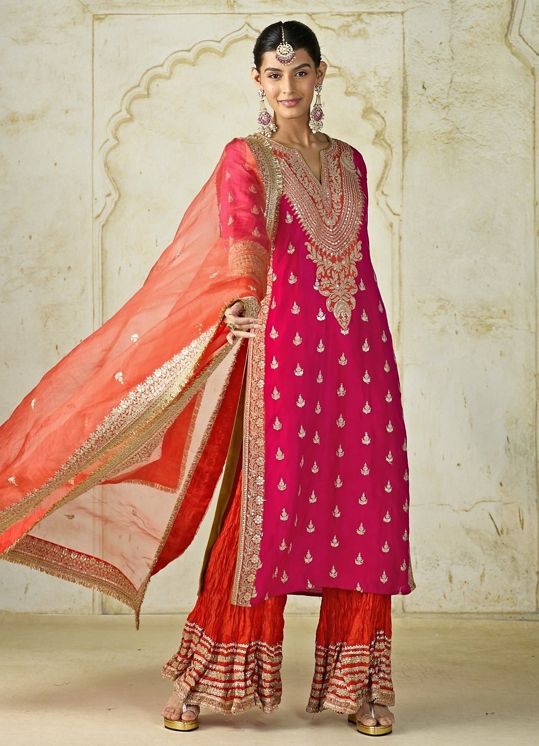 Gopi Vaid Hot Pink And Orange Tussar Kurta Sharara SetFabilicious Fashion