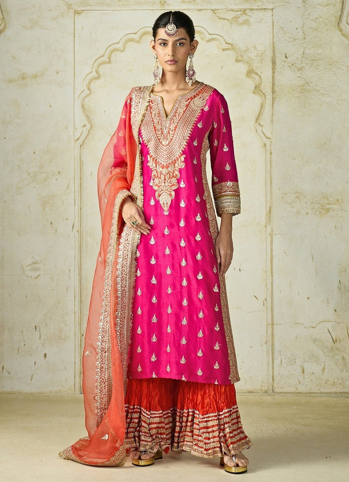 Gopi Vaid Hot Pink And Orange Tussar Kurta Sharara SetFabilicious Fashion